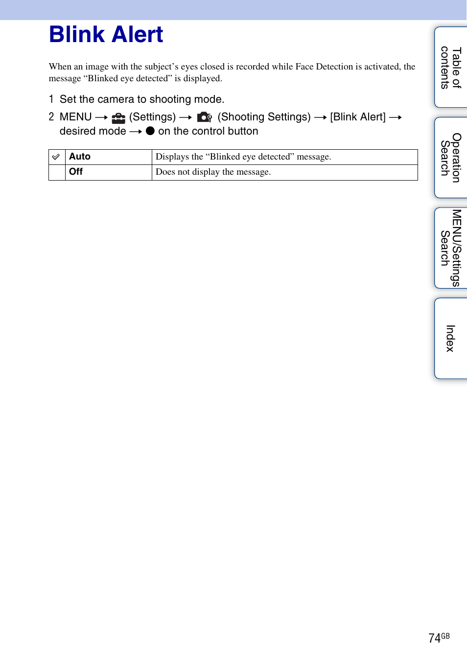 Blink alert | Sony DSC-W370 User Manual | Page 74 / 128