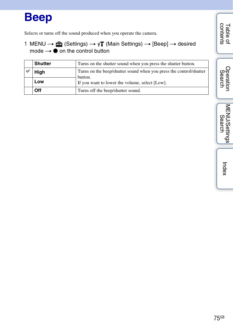Beep | Sony DSC-W370 User Manual | Page 75 / 128
