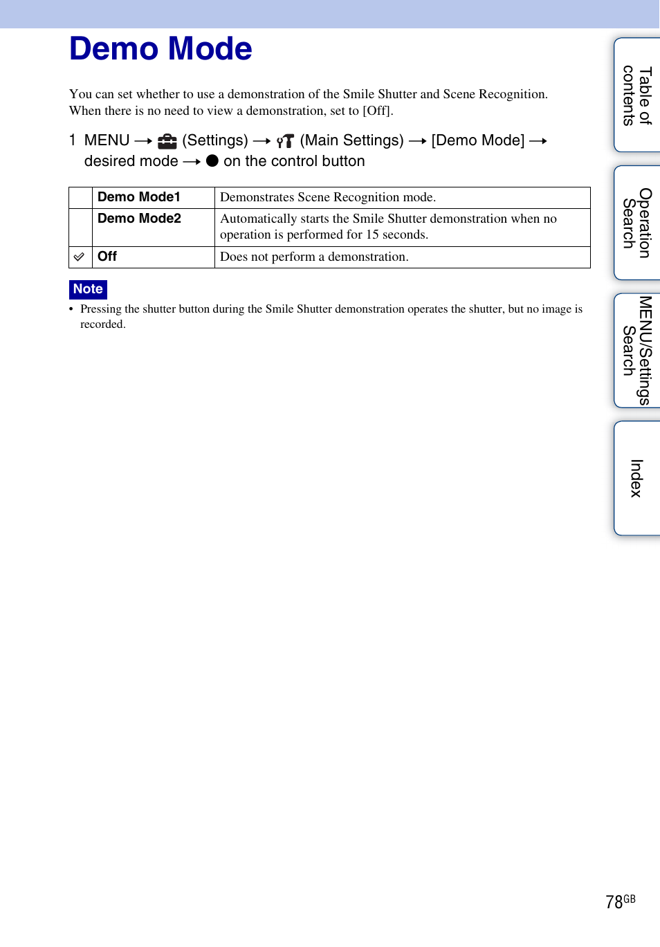 Demo mode | Sony DSC-W370 User Manual | Page 78 / 128