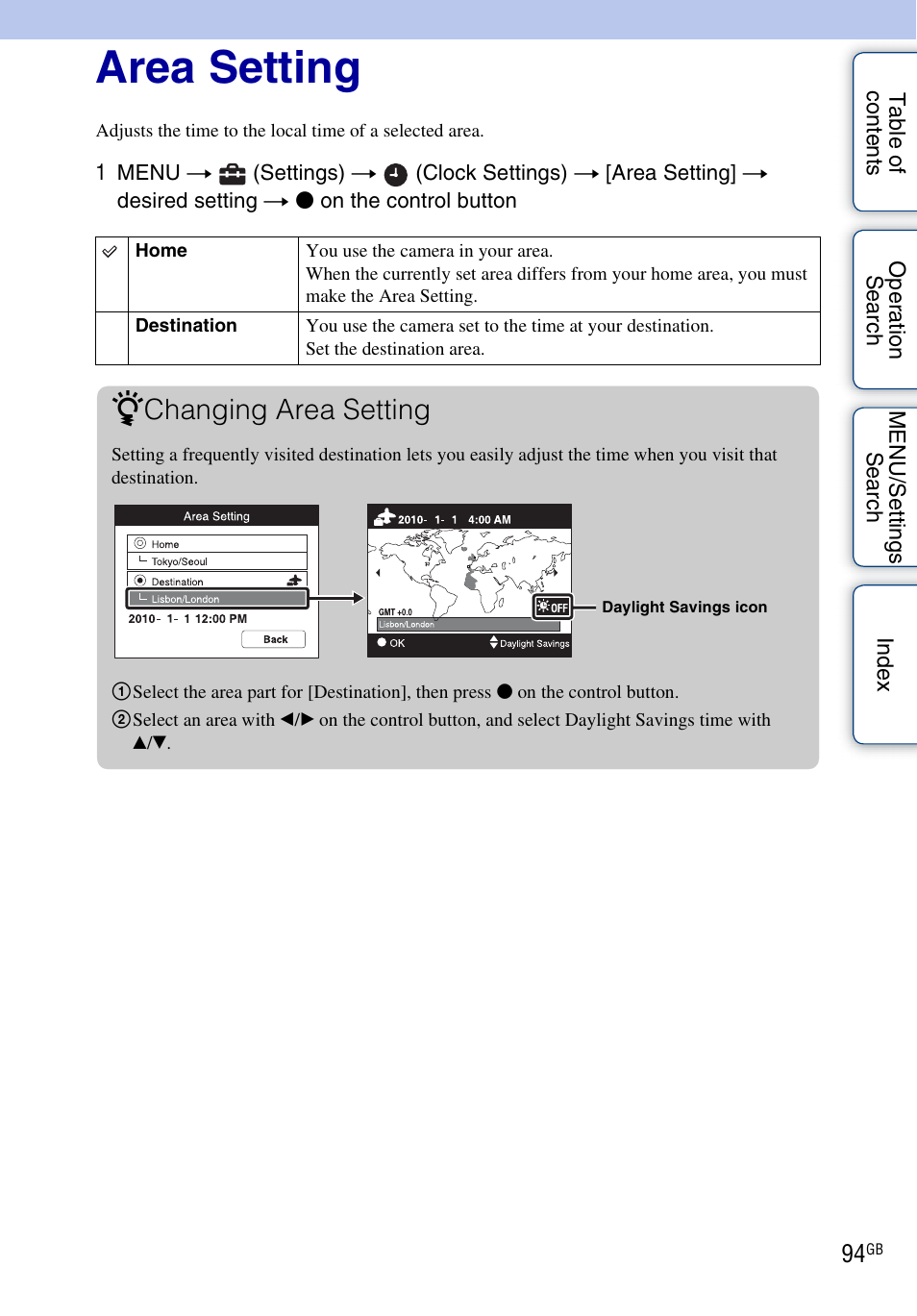 Area setting, Changing area setting | Sony DSC-W370 User Manual | Page 94 / 128