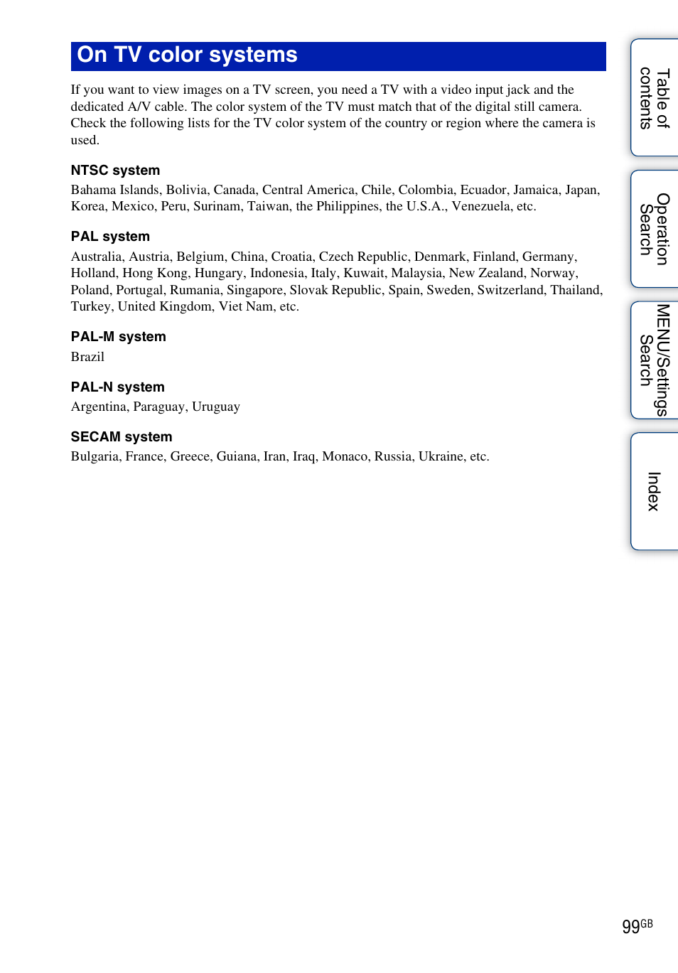 On tv color systems | Sony DSC-W370 User Manual | Page 99 / 128