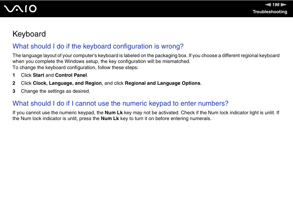 Keyboard | Sony VGN-AW235J User Manual | Page 196 / 210