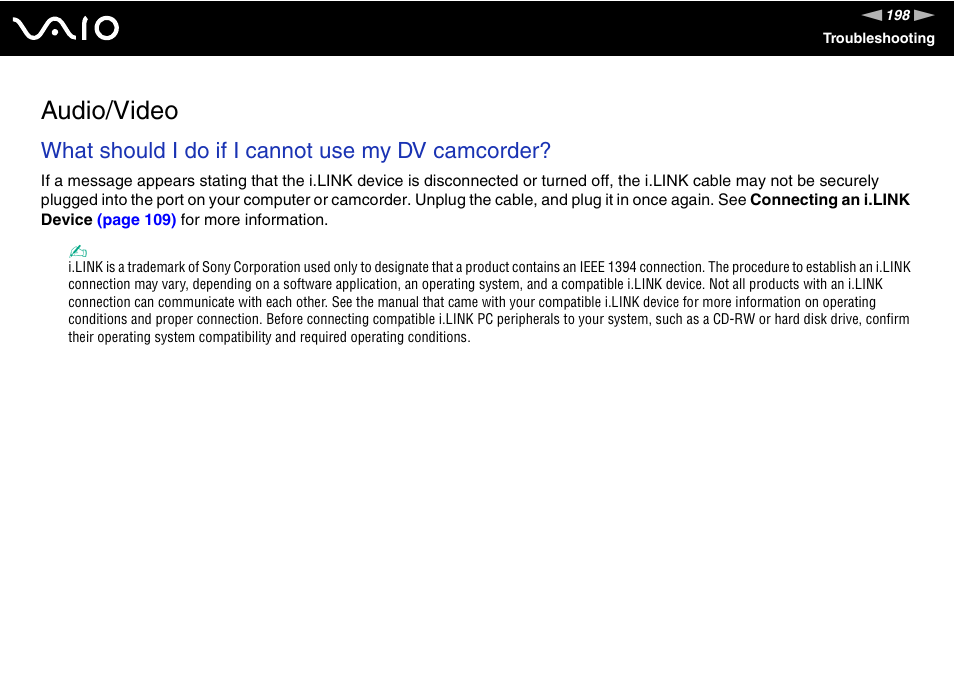 Audio/video, What should i do if i cannot use my dv camcorder | Sony VGN-AW235J User Manual | Page 198 / 210