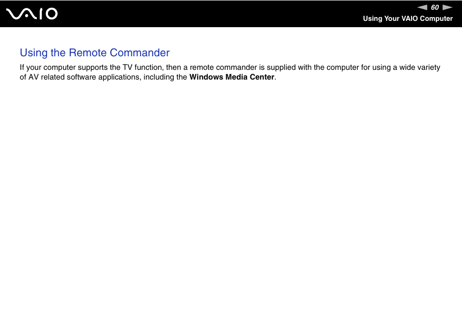 Using the remote commander | Sony VGN-AW235J User Manual | Page 60 / 210