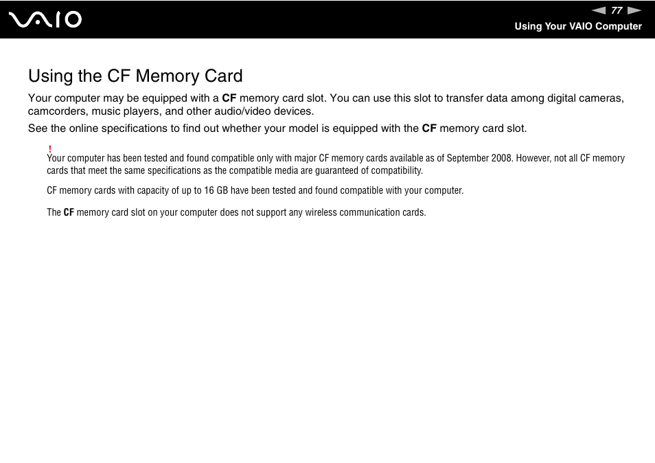 Using the cf memory card | Sony VGN-AW235J User Manual | Page 77 / 210