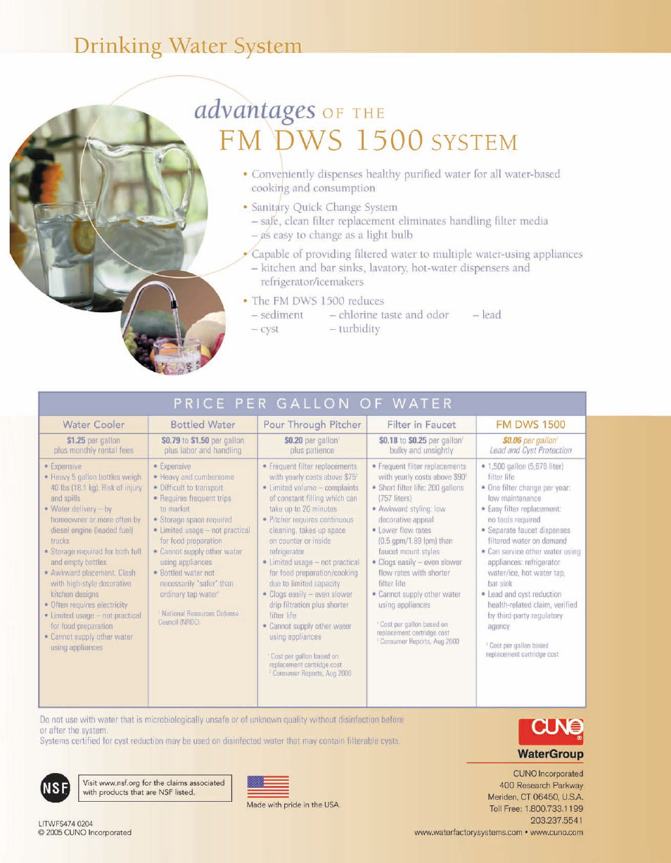 Fm dws 1500, Advantciges, Drinking water system | System, Watergroup, Water cooler, Bottled water, Pour through pitcher, Filter in faucet | AMC FM DWS 1500 User Manual | Page 2 / 2