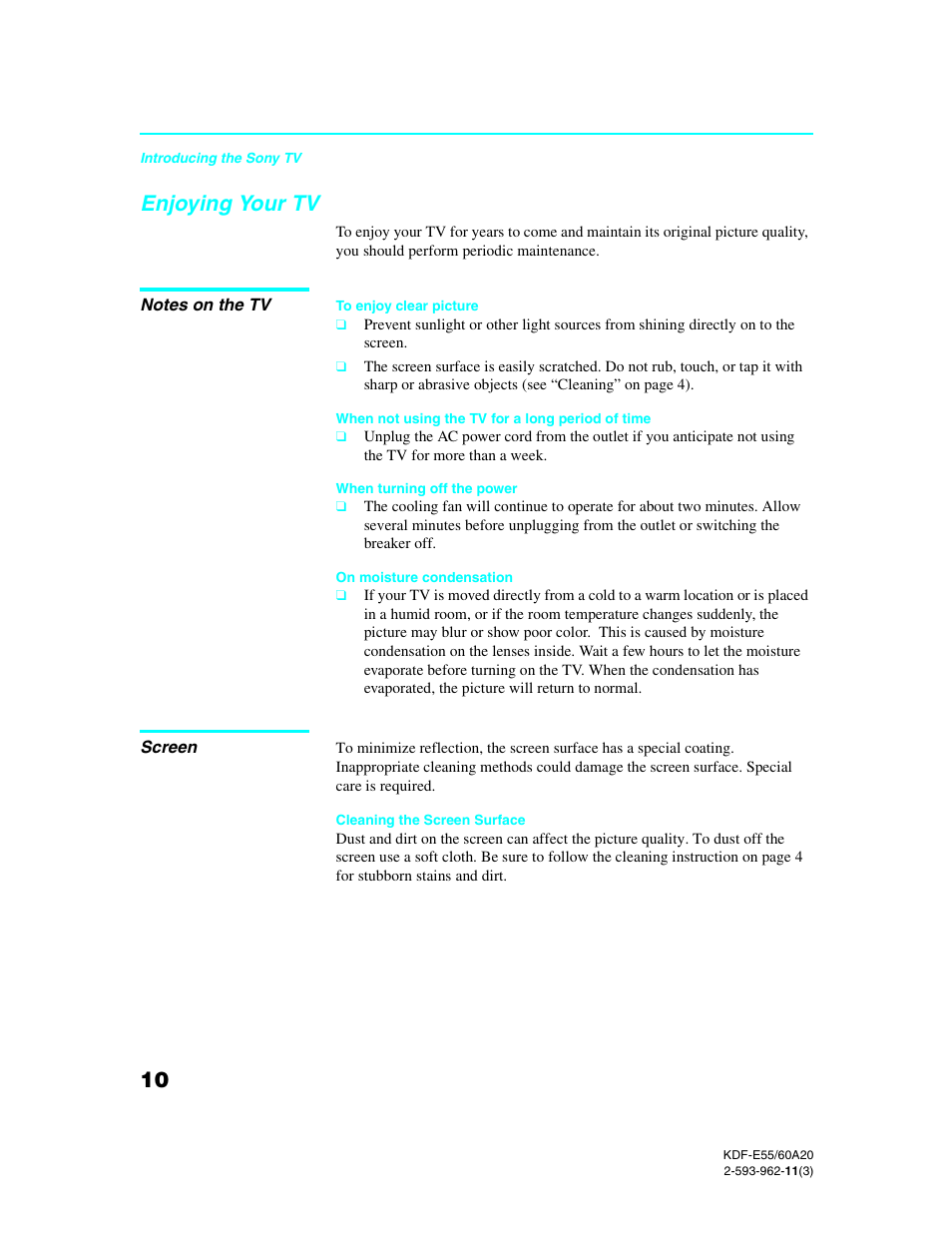 Enjoying your tv, Notes on the tv, Screen | Sony KDF-E60A20 User Manual | Page 12 / 92