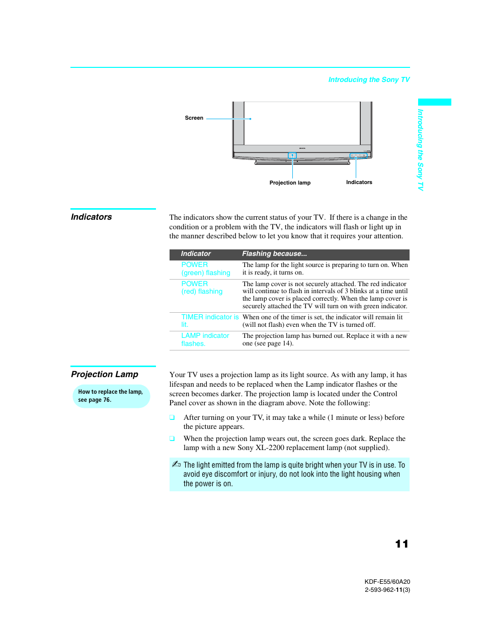 Indicators, Projection lamp | Sony KDF-E60A20 User Manual | Page 13 / 92