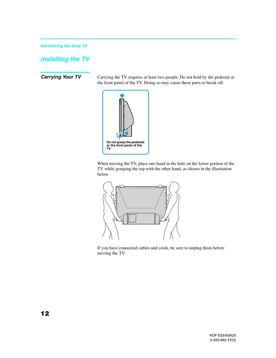 Installing the tv, Carrying your tv | Sony KDF-E60A20 User Manual | Page 14 / 92