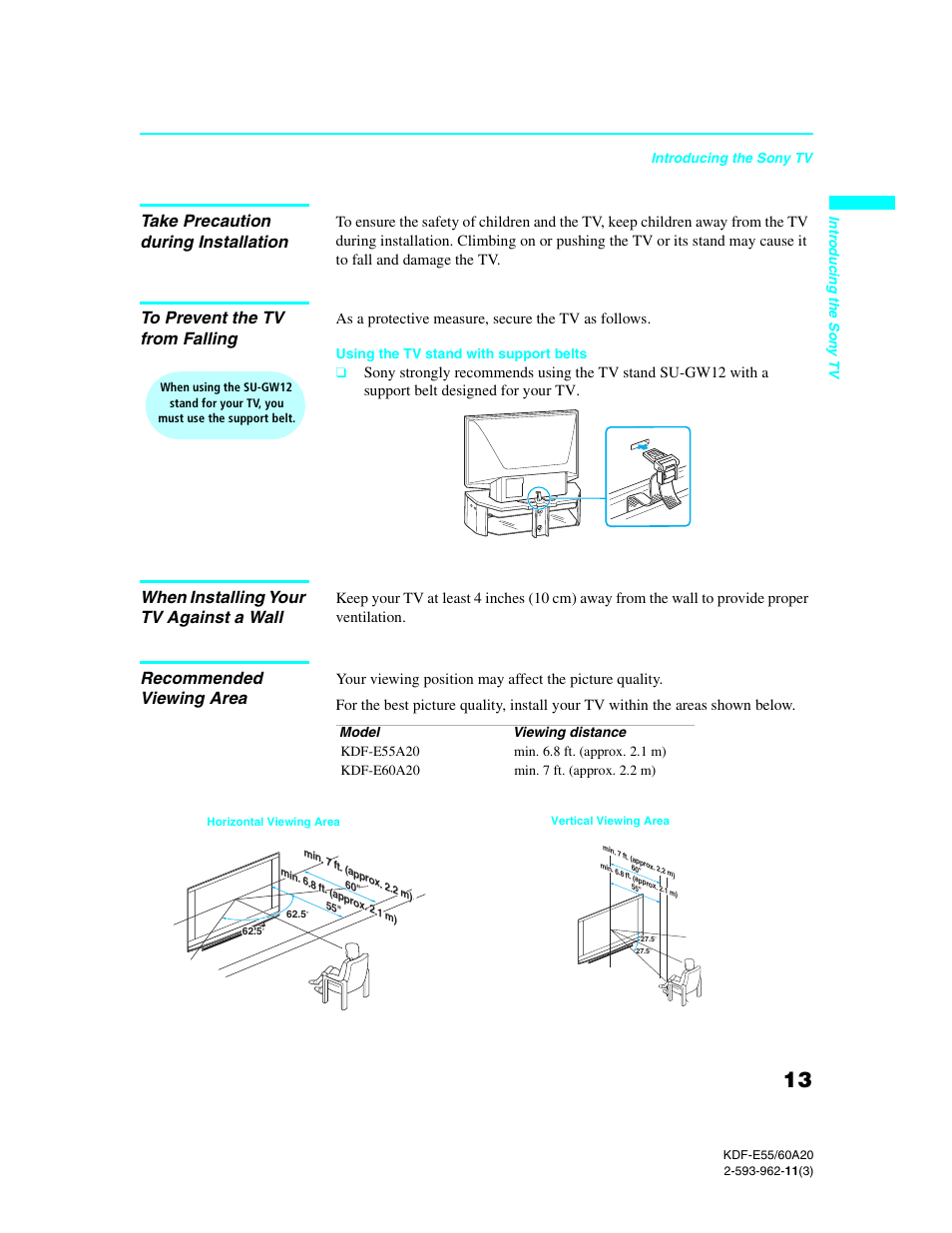 Take precaution during installation, To prevent the tv from falling, When installing your tv against a wall | Recommended viewing area, As a protective measure, secure the tv as follows | Sony KDF-E60A20 User Manual | Page 15 / 92