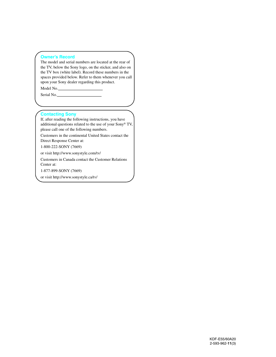 Sony KDF-E60A20 User Manual | Page 2 / 92