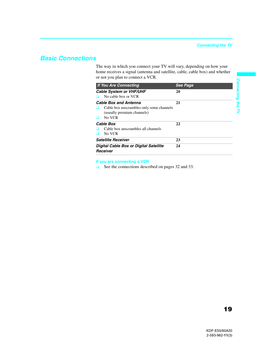 Basic connections | Sony KDF-E60A20 User Manual | Page 21 / 92