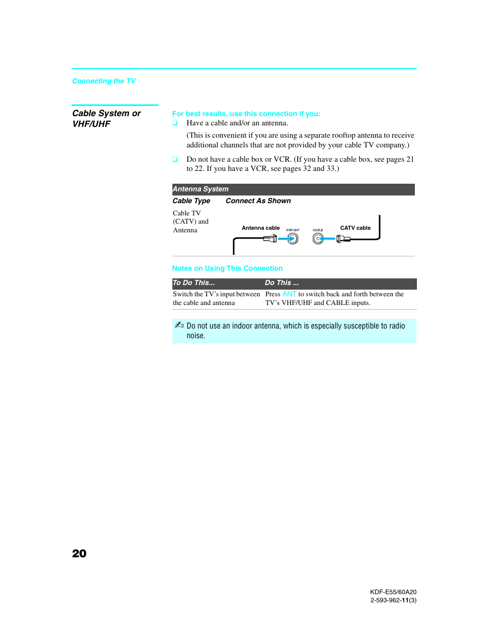 Cable system or vhf/uhf | Sony KDF-E60A20 User Manual | Page 22 / 92