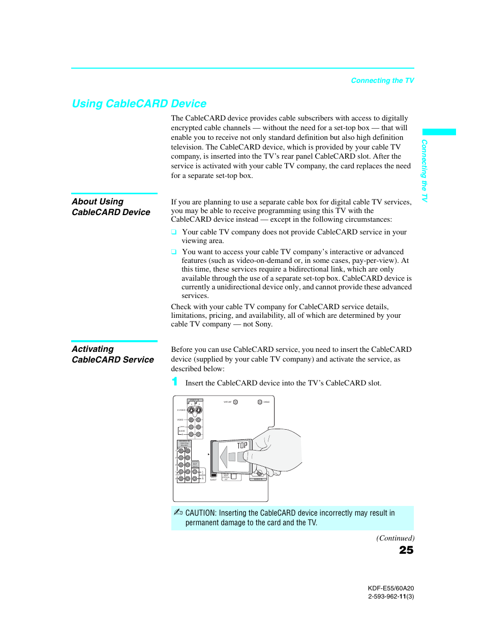 Using cablecard device, About using cablecard device, Activating cablecard service | Using cablecard, About using cablecard, See “using, Cablecard device” on, Device, The cablecard, Connecting the tv | Sony KDF-E60A20 User Manual | Page 27 / 92