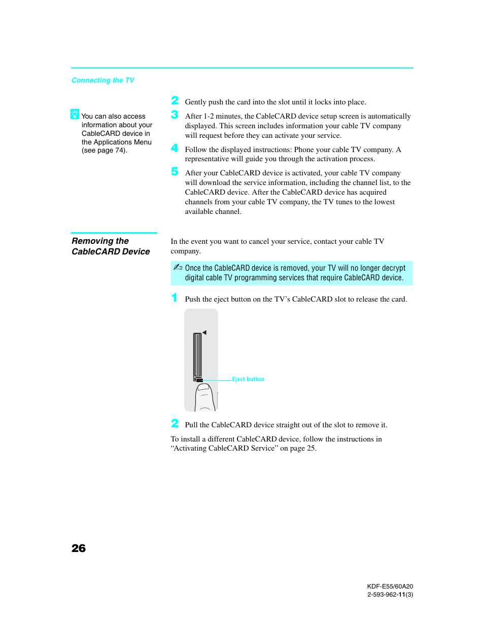 Removing the cablecard device, Removing the cablecard | Sony KDF-E60A20 User Manual | Page 28 / 92