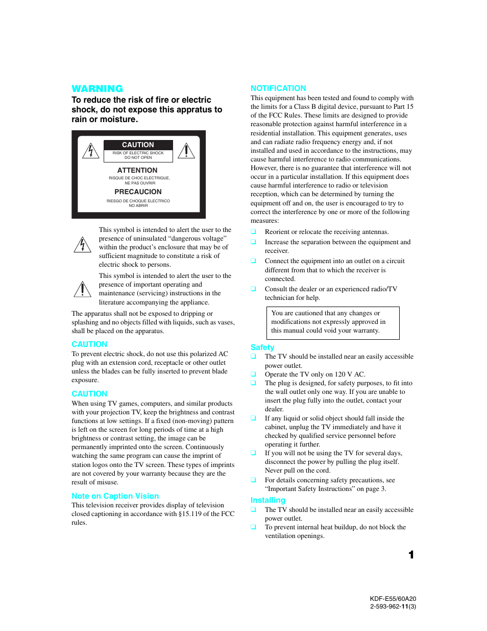 Warning | Sony KDF-E60A20 User Manual | Page 3 / 92