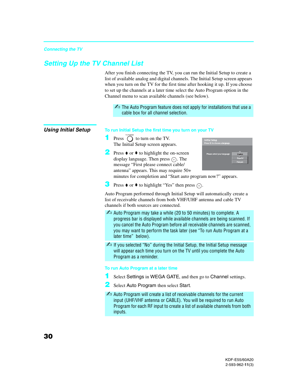 Setting up the tv channel list, Using initial setup | Sony KDF-E60A20 User Manual | Page 32 / 92