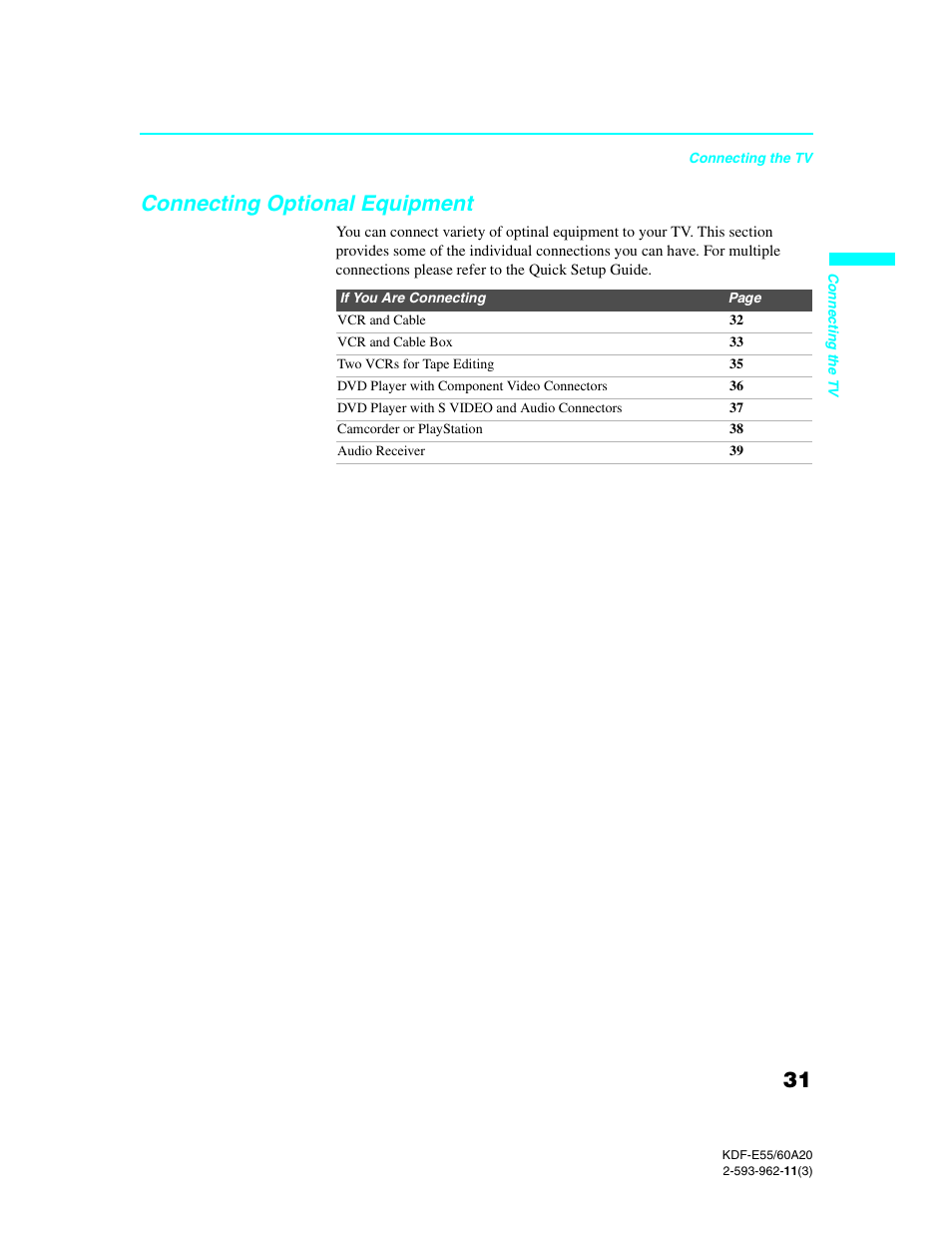 Connecting optional equipment | Sony KDF-E60A20 User Manual | Page 33 / 92