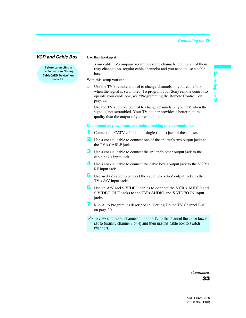 Vcr and cable box, D 33.) | Sony KDF-E60A20 User Manual | Page 35 / 92