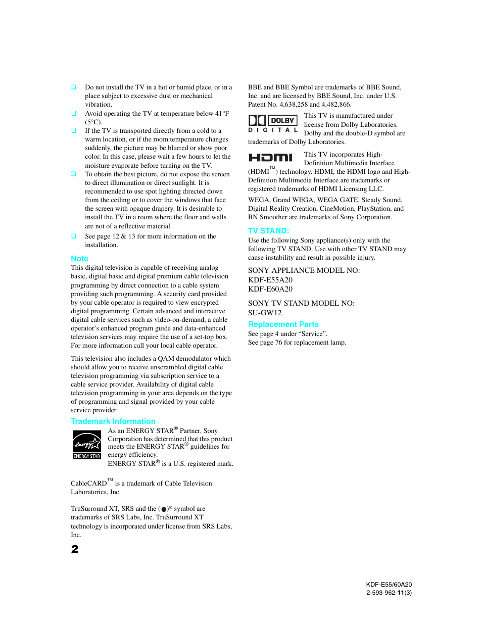 Sony KDF-E60A20 User Manual | Page 4 / 92