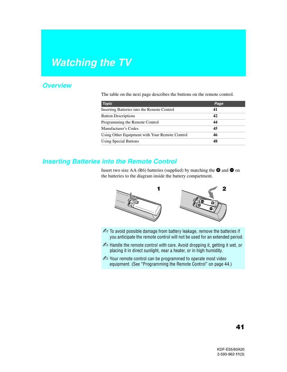 Watching the tv, Overview, Inserting batteries into the remote control | Sony KDF-E60A20 User Manual | Page 43 / 92