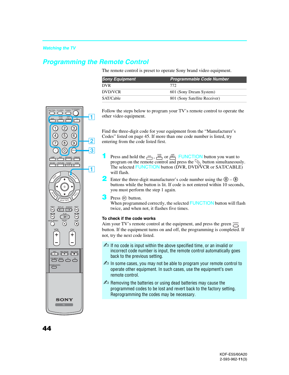 Programming the remote control | Sony KDF-E60A20 User Manual | Page 46 / 92