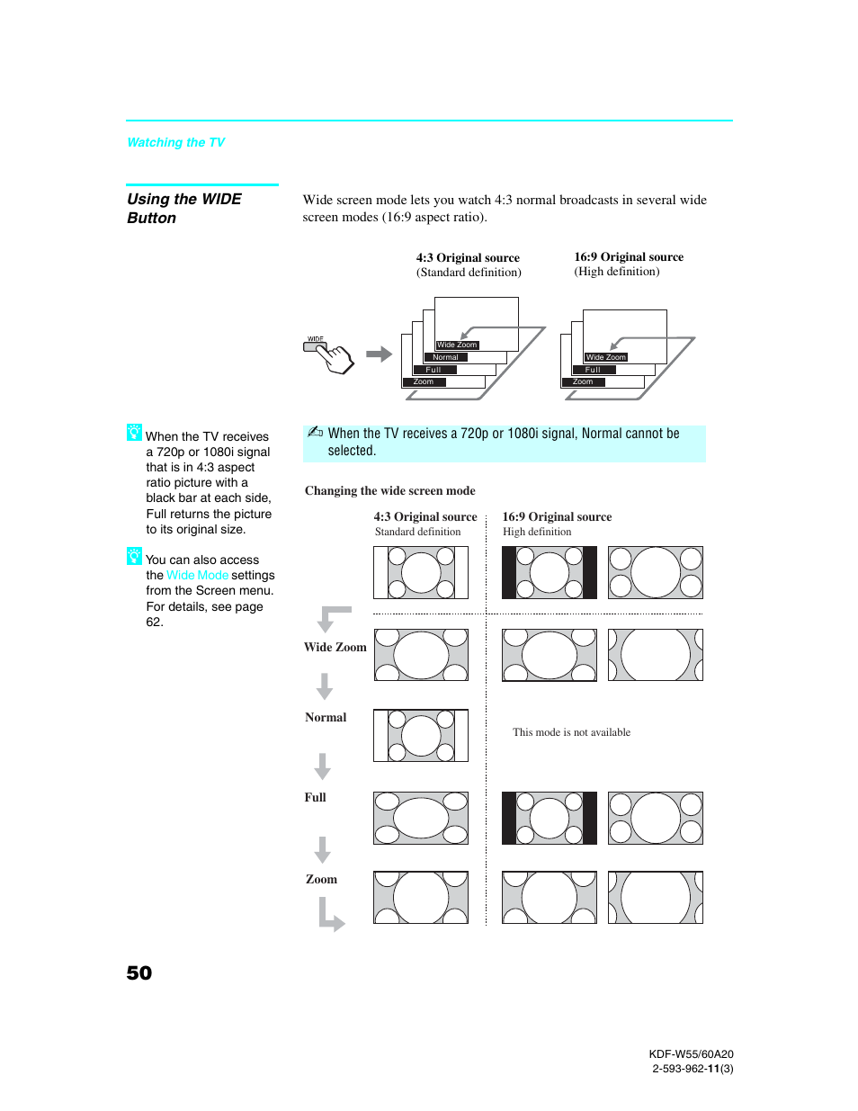 Using the wide button | Sony KDF-E60A20 User Manual | Page 52 / 92