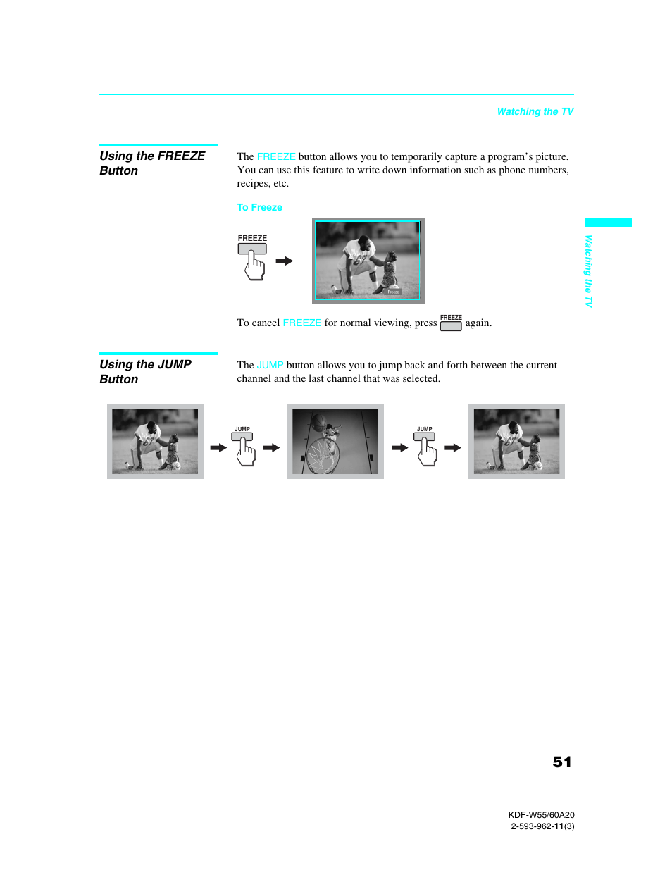 Using the freeze button, Using the jump button | Sony KDF-E60A20 User Manual | Page 53 / 92