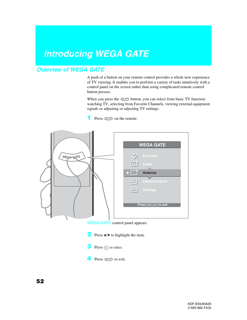 Introducing wega gate, Overview of wega gate | Sony KDF-E60A20 User Manual | Page 54 / 92