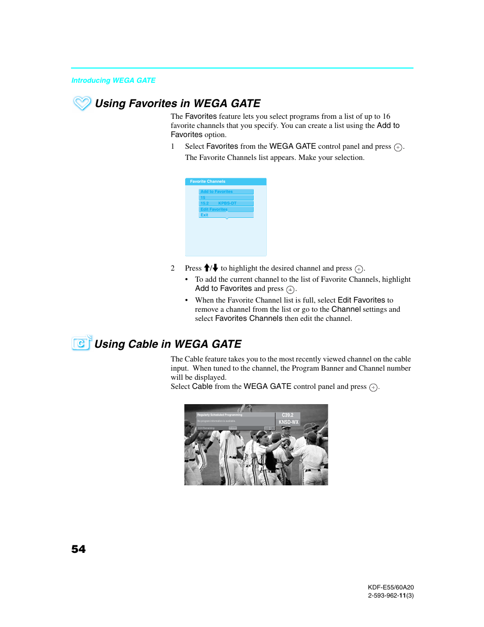 Using favorites in wega gate, Using cable in wega gate | Sony KDF-E60A20 User Manual | Page 56 / 92