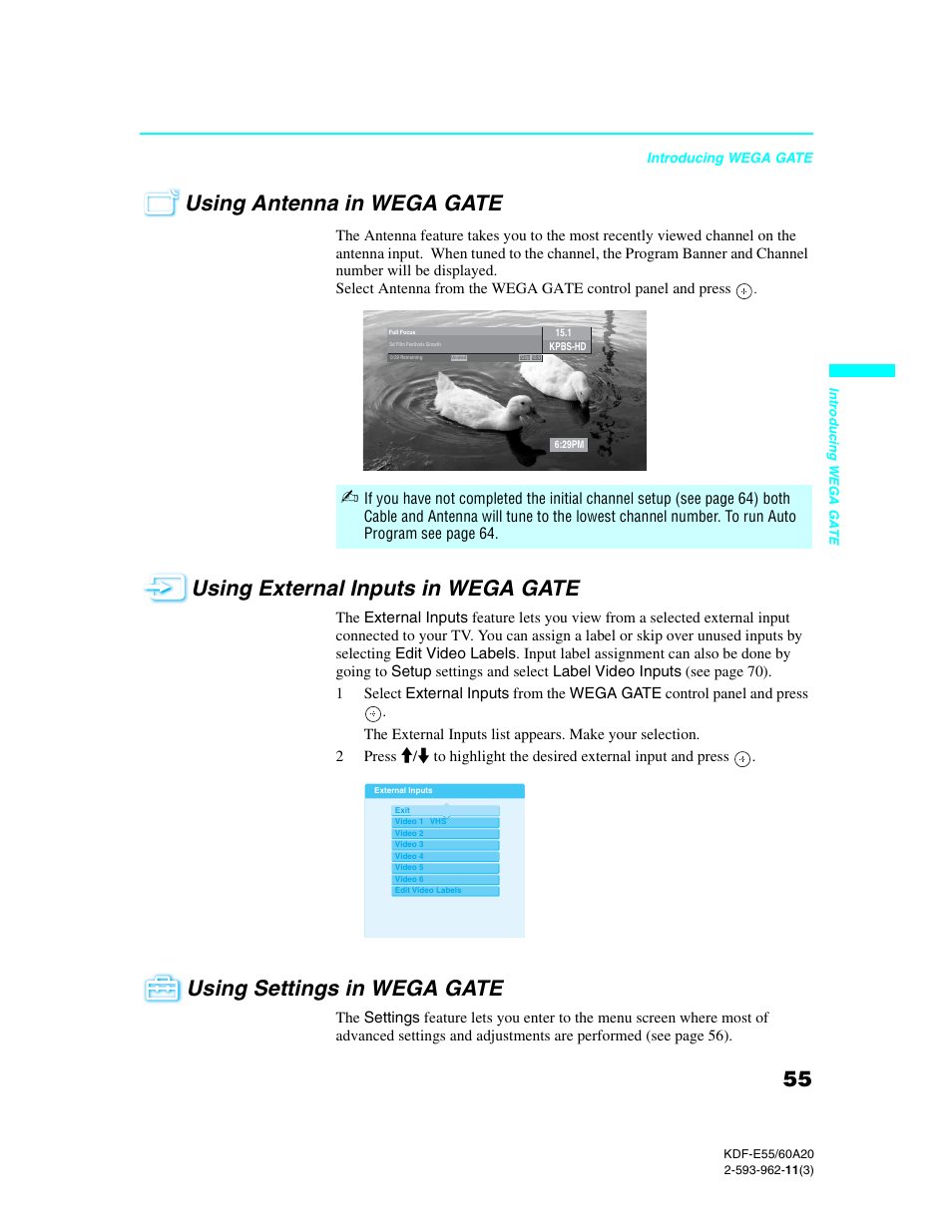 Using antenna in wega gate, Using external inputs in wega gate, Using settings in wega gate | Nd 55 | Sony KDF-E60A20 User Manual | Page 57 / 92