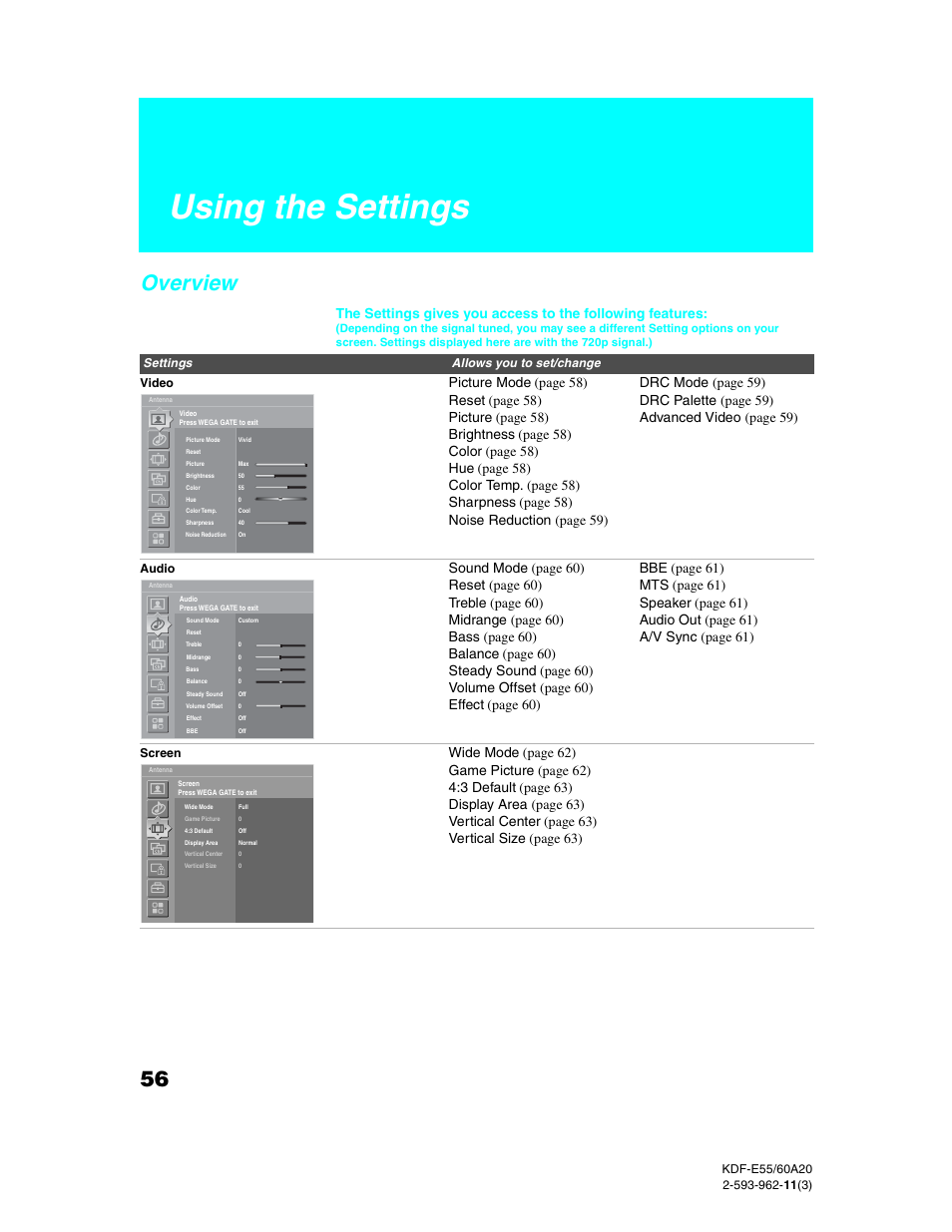 Using the settings, Overview, Settings allows you to set/change video | Audio, Screen | Sony KDF-E60A20 User Manual | Page 58 / 92