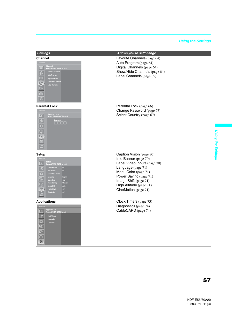 Using the settings | Sony KDF-E60A20 User Manual | Page 59 / 92