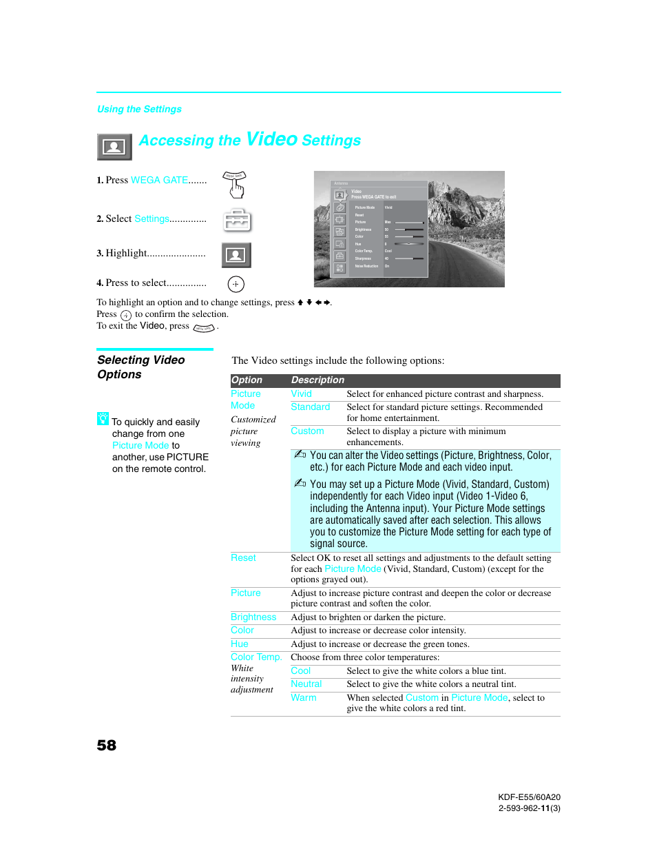 Accessing the video settings, Selecting video options, Video | Accessing the, Settings | Sony KDF-E60A20 User Manual | Page 60 / 92