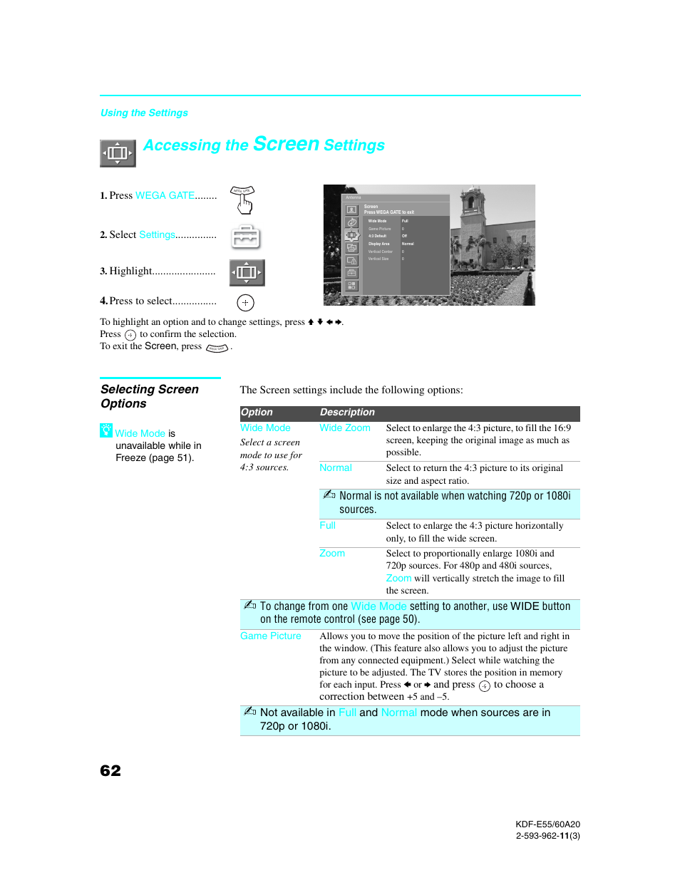 Accessing the screen settings, Selecting screen options, Screen | Accessing the, Settings | Sony KDF-E60A20 User Manual | Page 64 / 92