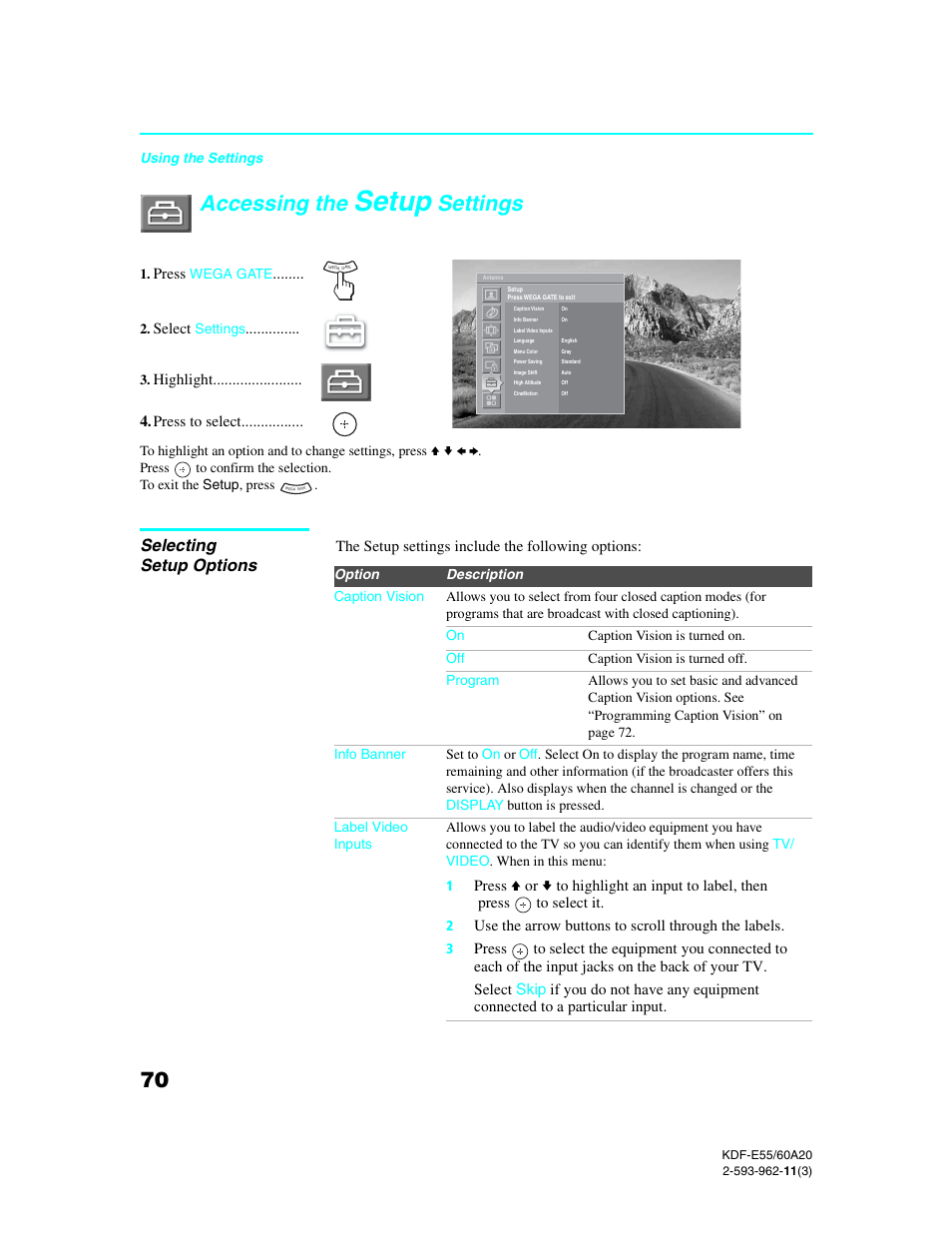 Accessing the setup settings, Selecting setup options, Setup | Accessing the, Settings | Sony KDF-E60A20 User Manual | Page 72 / 92