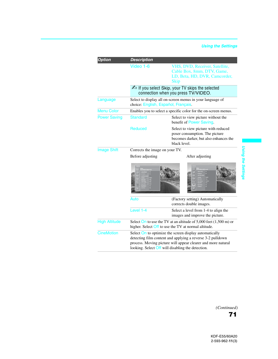 Continued), Using the settings | Sony KDF-E60A20 User Manual | Page 73 / 92