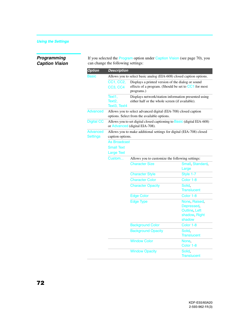 Programming caption vision | Sony KDF-E60A20 User Manual | Page 74 / 92