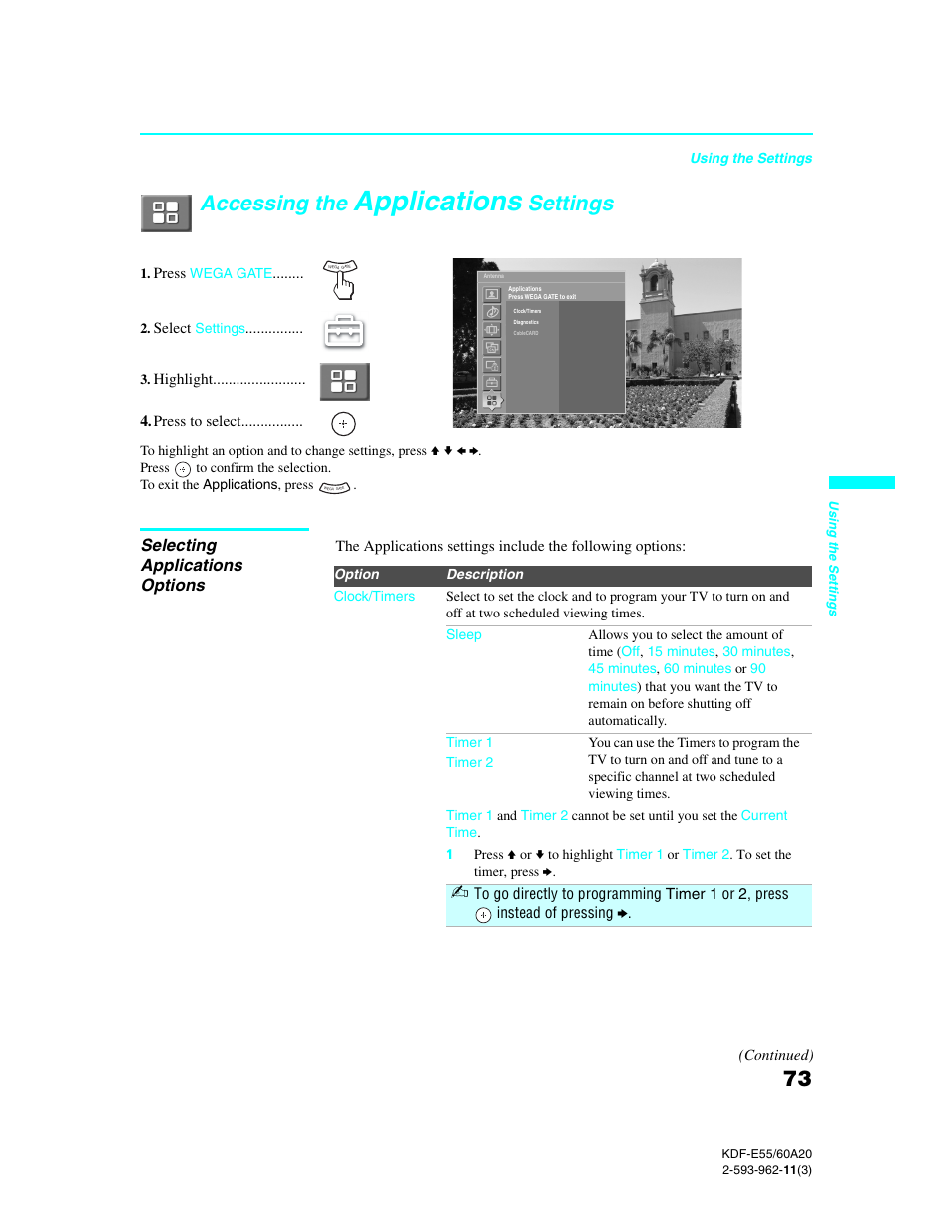 Accessing the applications settings, Selecting applications options, Applications | Accessing the, Settings | Sony KDF-E60A20 User Manual | Page 75 / 92