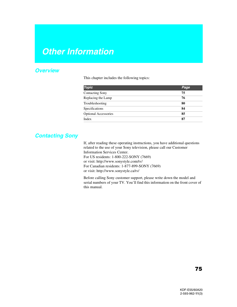 Other information, Overview, Contacting sony | Overview contacting sony | Sony KDF-E60A20 User Manual | Page 77 / 92