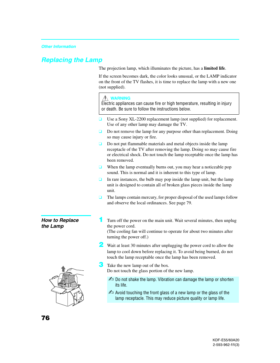 Replacing the lamp, How to replace the lamp | Sony KDF-E60A20 User Manual | Page 78 / 92