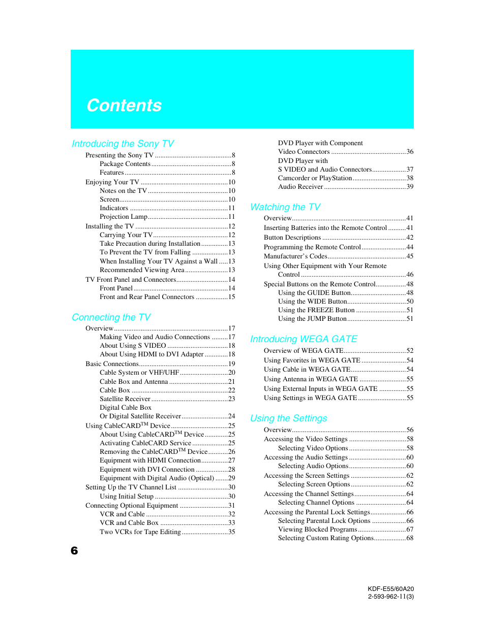 Sony KDF-E60A20 User Manual | Page 8 / 92