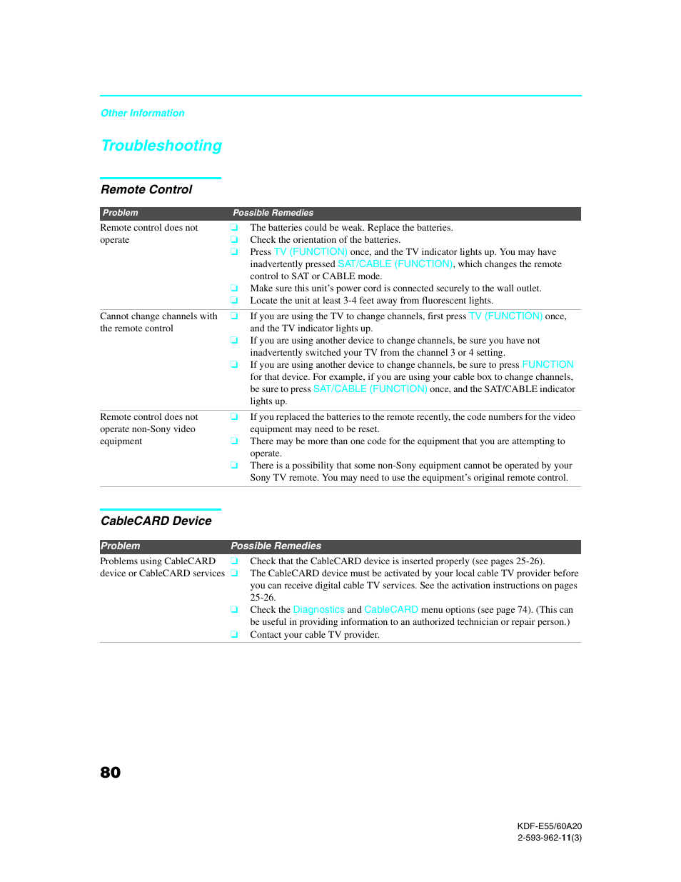 Troubleshooting, Remote control, Cablecard device | Cablecard | Sony KDF-E60A20 User Manual | Page 82 / 92