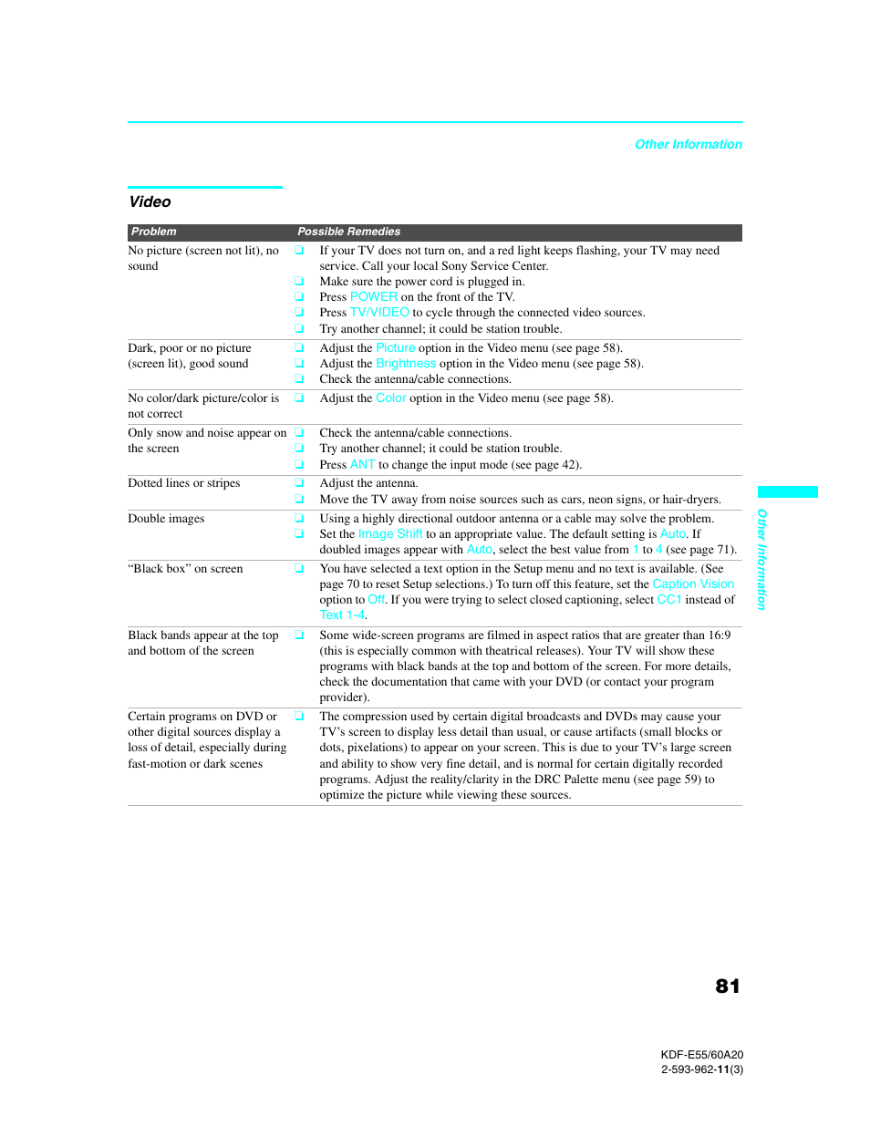 Video | Sony KDF-E60A20 User Manual | Page 83 / 92