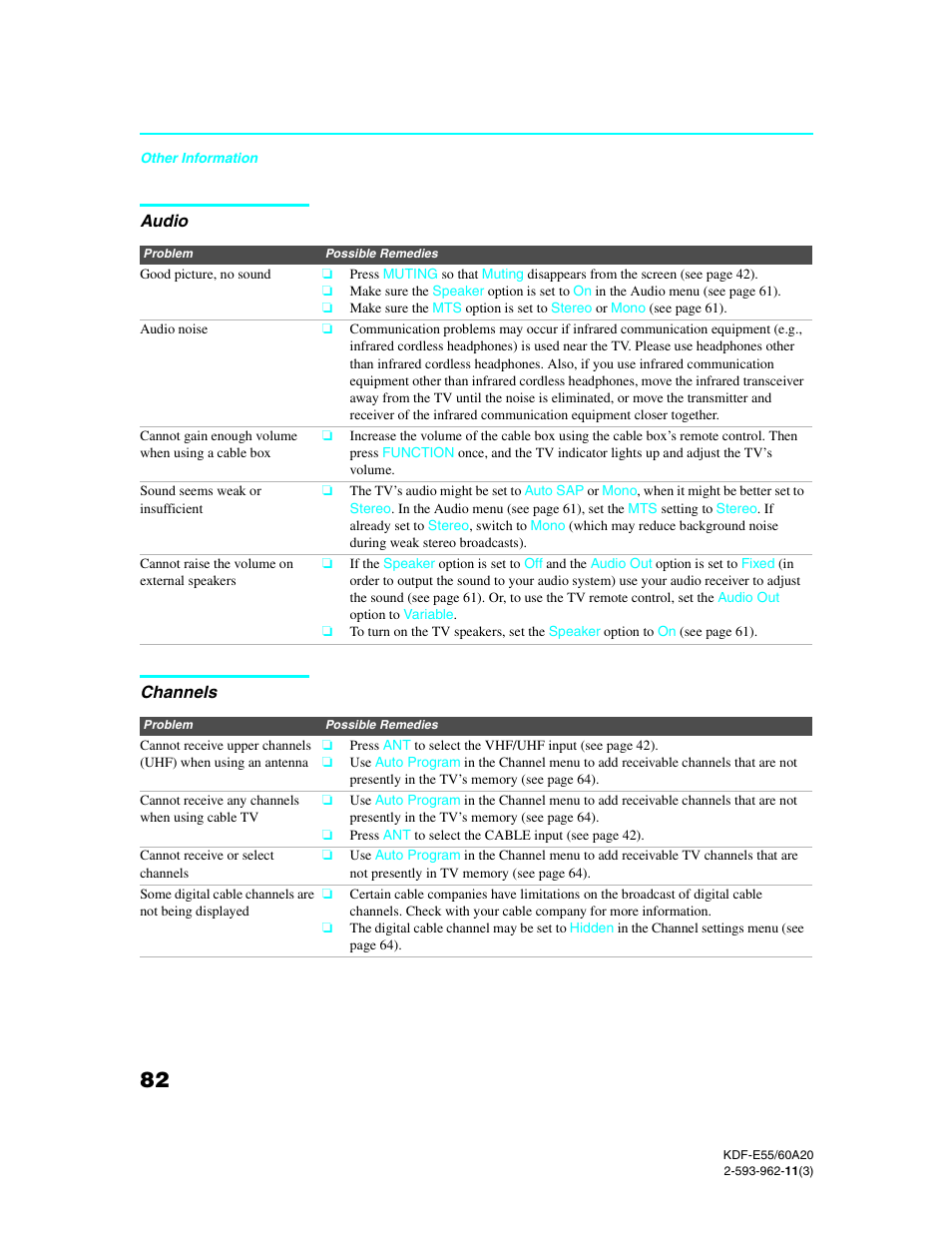 Audio, Channels | Sony KDF-E60A20 User Manual | Page 84 / 92
