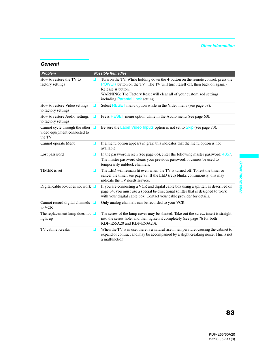 General | Sony KDF-E60A20 User Manual | Page 85 / 92