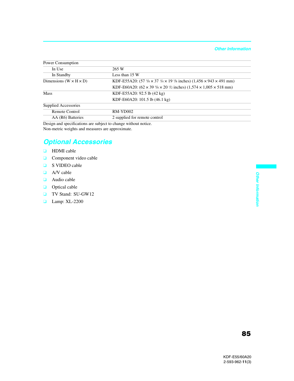 Optional accessories | Sony KDF-E60A20 User Manual | Page 87 / 92