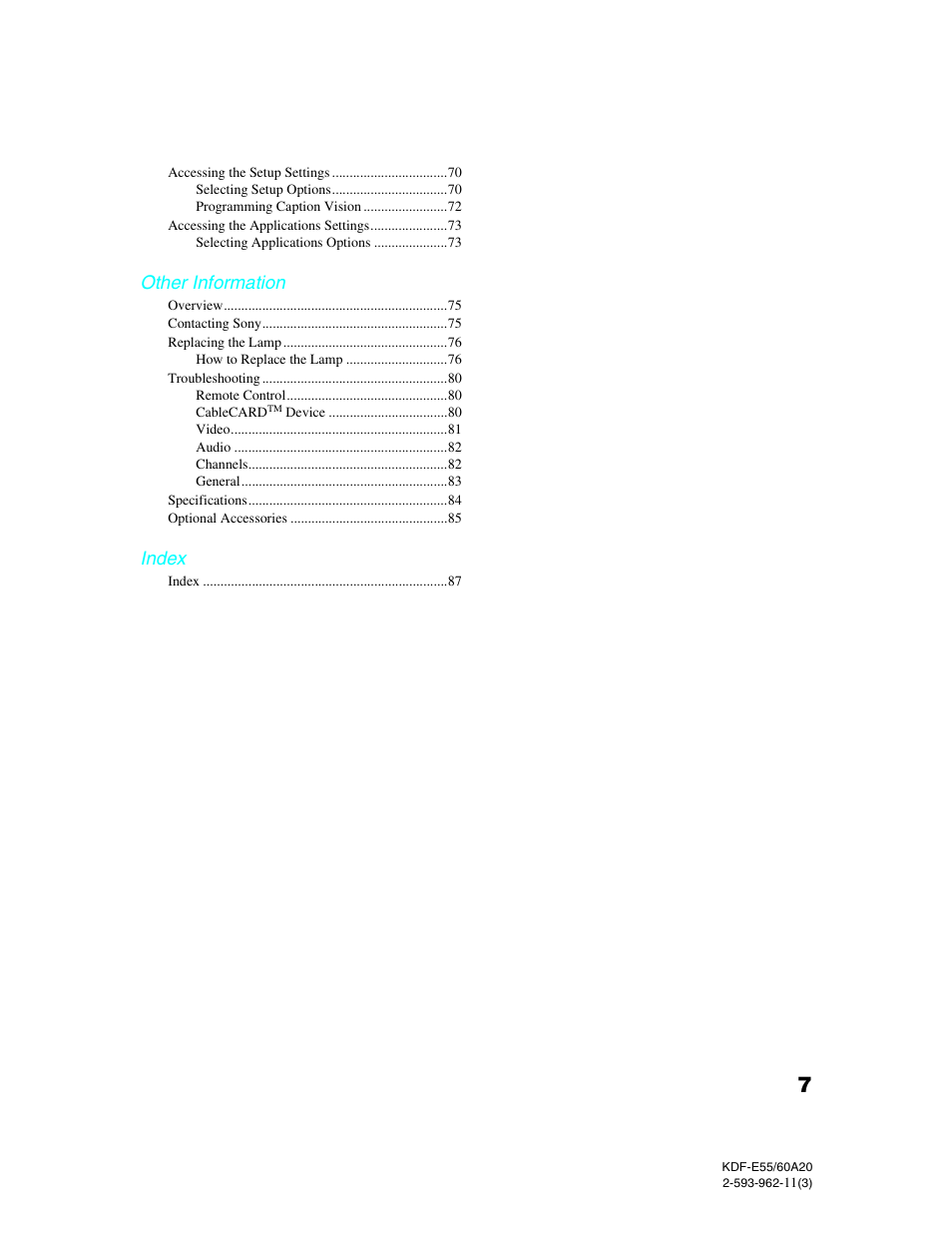 Other information, Index | Sony KDF-E60A20 User Manual | Page 9 / 92