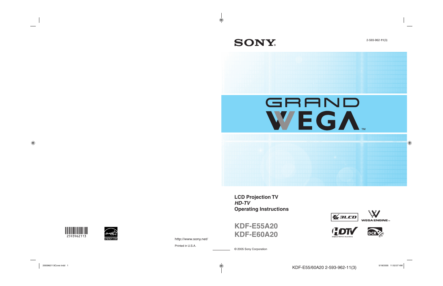 Lcd projection tv hd-tv operating instructions | Sony KDF-E60A20 User Manual | Page 92 / 92