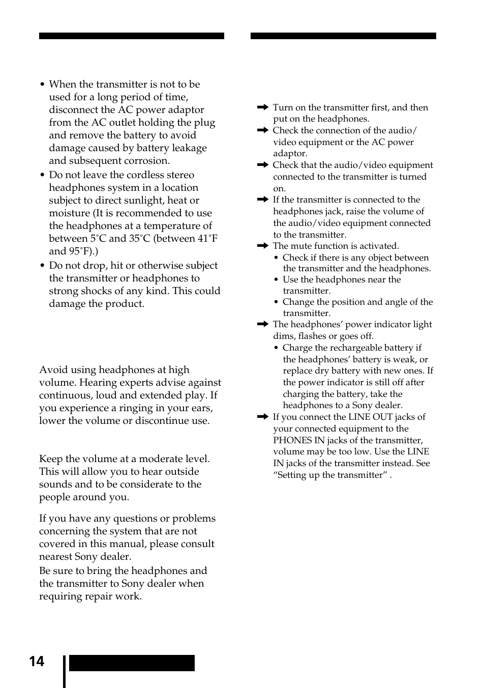 Precautions, Troubleshooting, Precautions troubleshooting | No sound/muffled sound, Caring for others | Sony MDR-IF240RK User Manual | Page 14 / 44